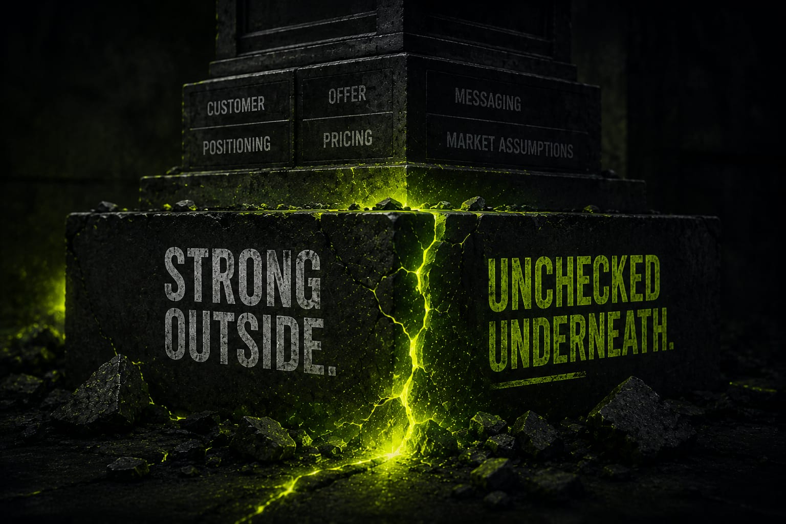 Cracked concrete business foundation glowing with lime green structural leaks.