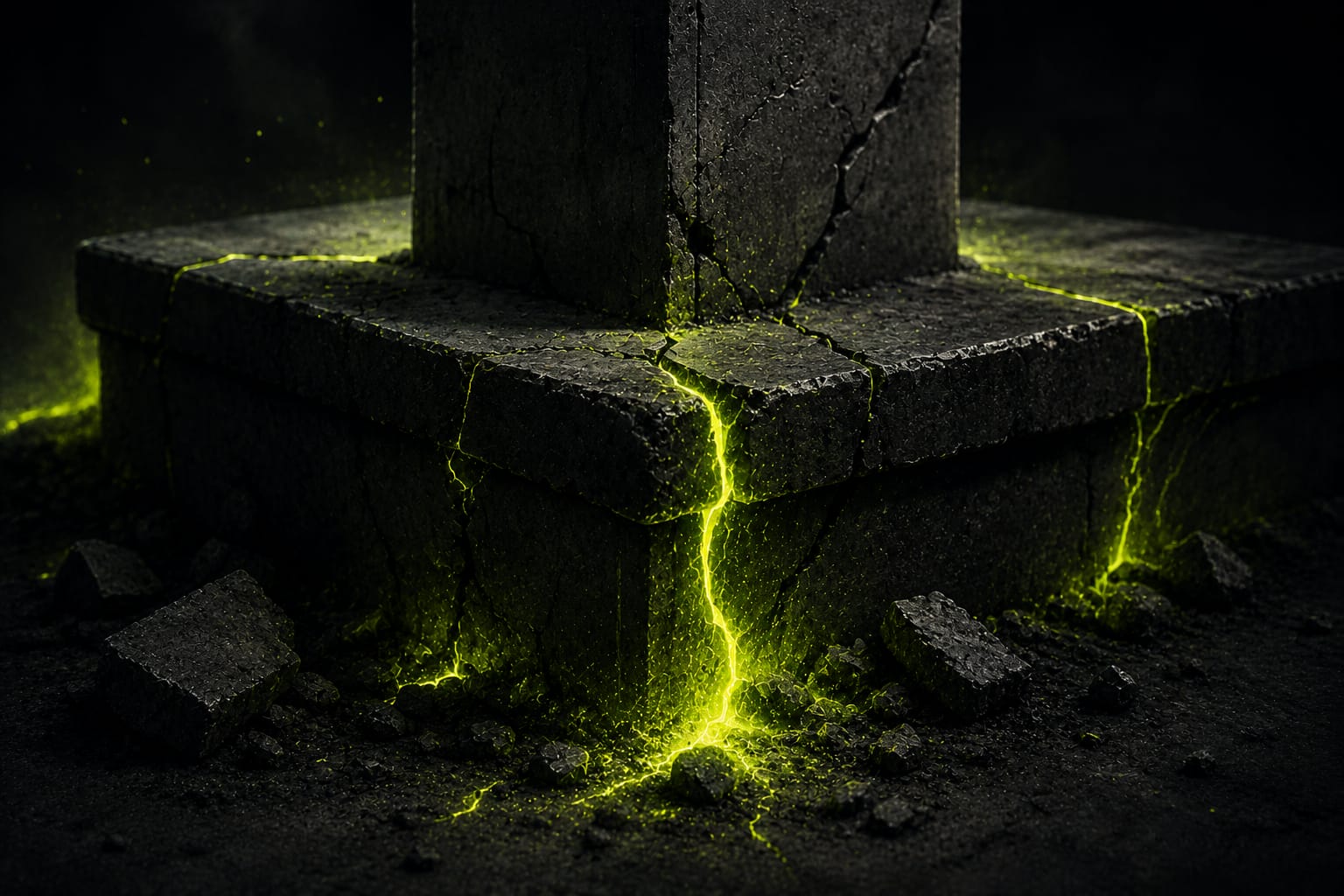 Close-up of a cracked concrete foundation leaking lime green light through structural fractures.