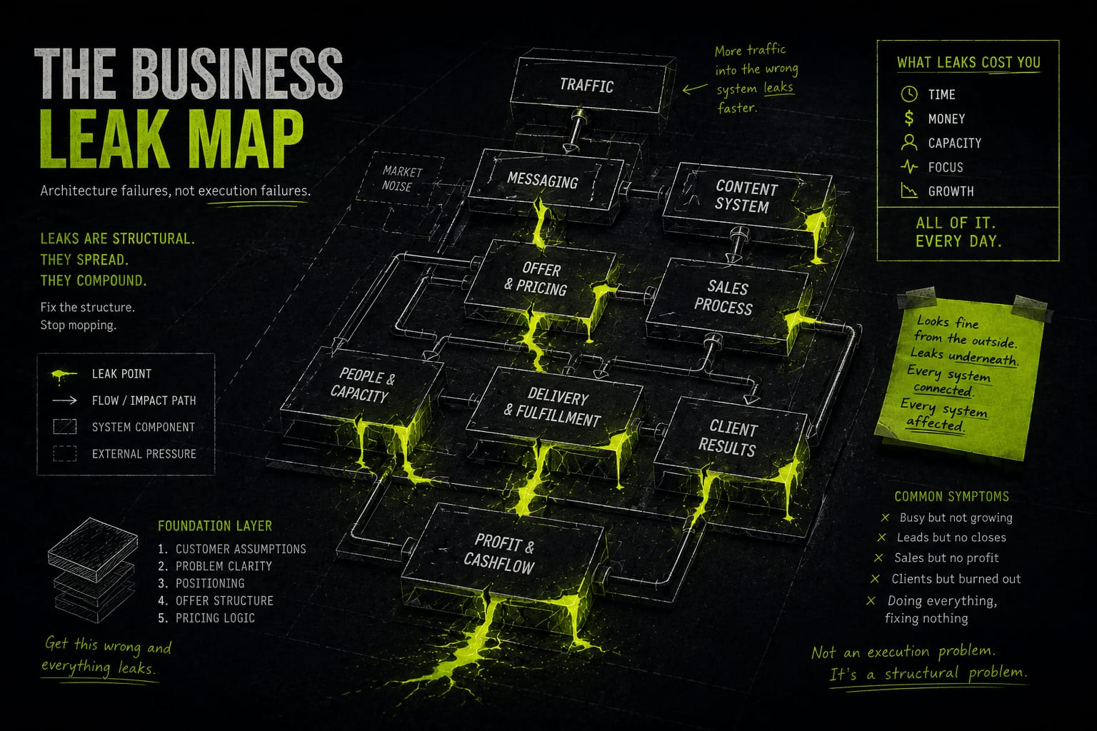 Business leak map showing connected systems with lime green structural leak points across traffic, messaging, offer, sales, delivery, and profit.