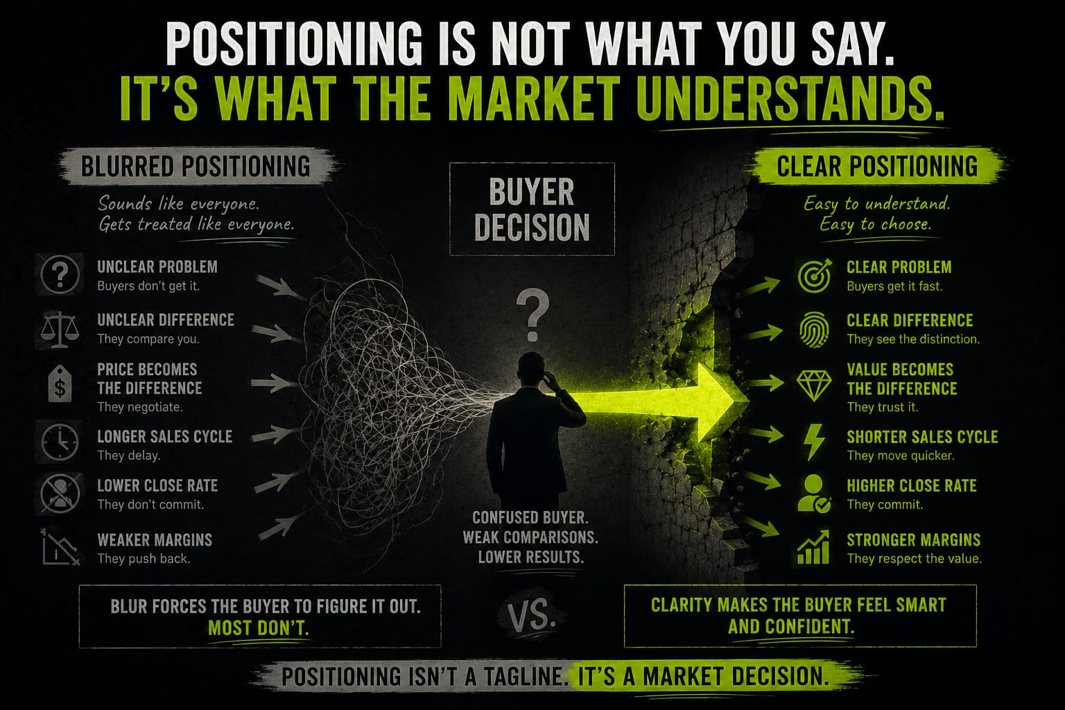 Infographic showing blurred positioning creating buyer confusion and price comparison while clear positioning improves trust, speed, close rate, and margins.