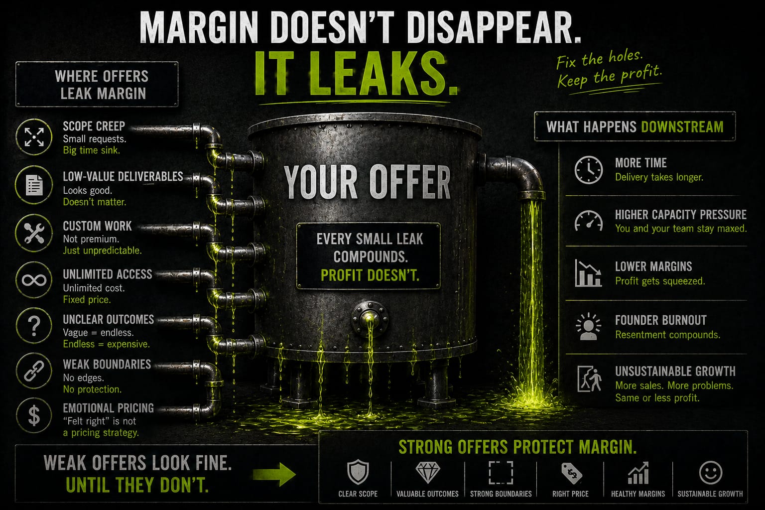 Diagram showing an offer leaking margin through scope creep, low-value deliverables, custom work, unlimited access, unclear outcomes, weak boundaries, and emotional pricing.