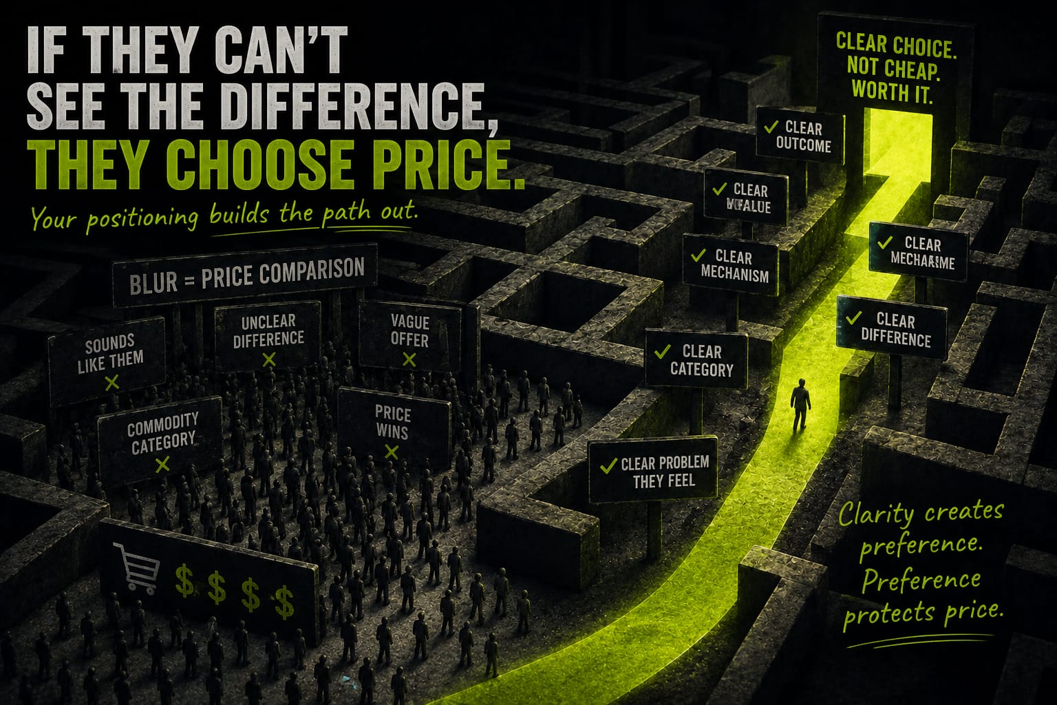 Positioning maze showing blurred differentiation leading to price comparison while a clear lime path creates preference and protects price.
