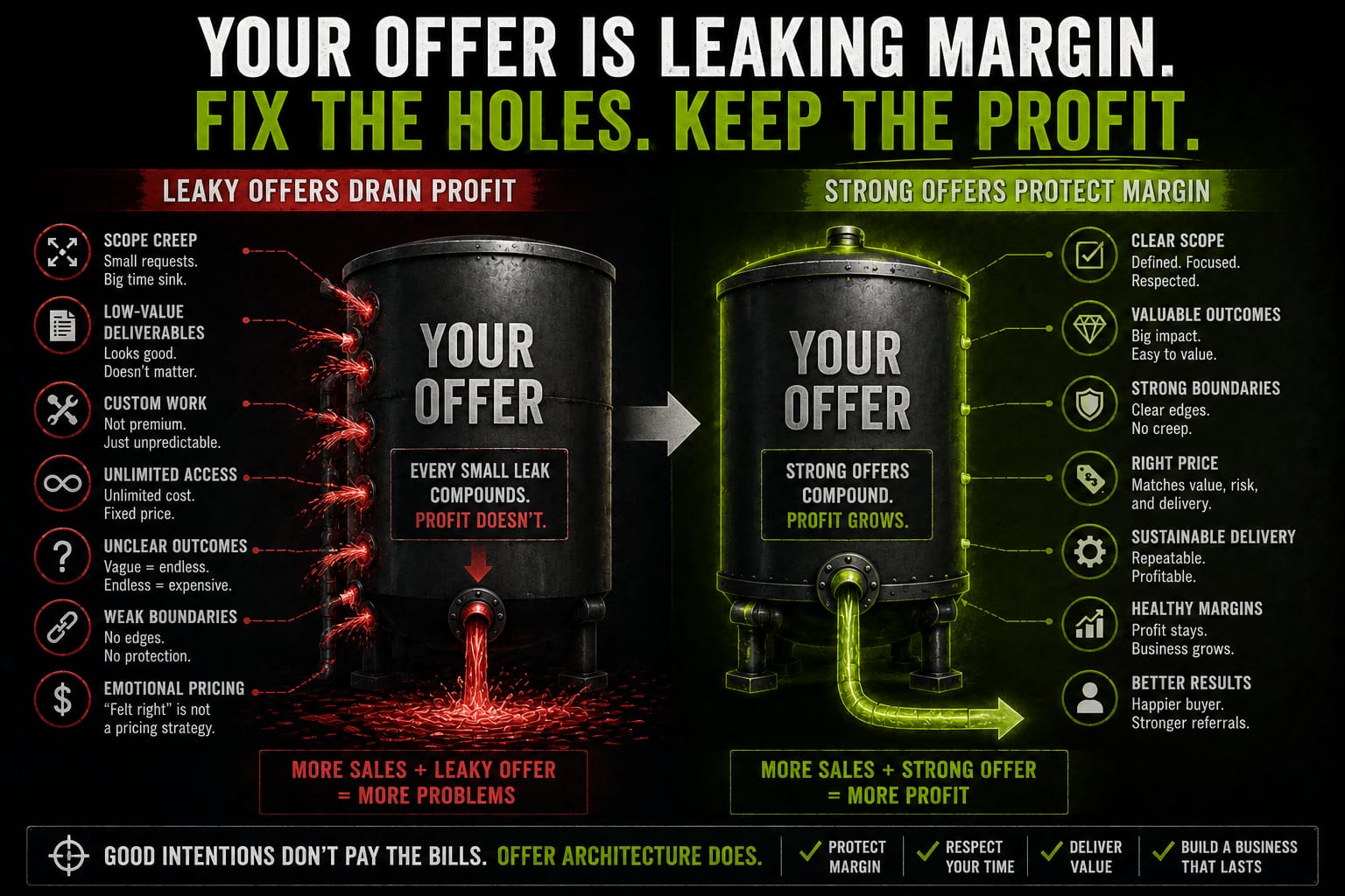 Infographic showing small offer leaks such as scope creep, unclear outcomes, weak boundaries, and emotional pricing causing lower margins, capacity pressure, burnout, and unsustainable growth.