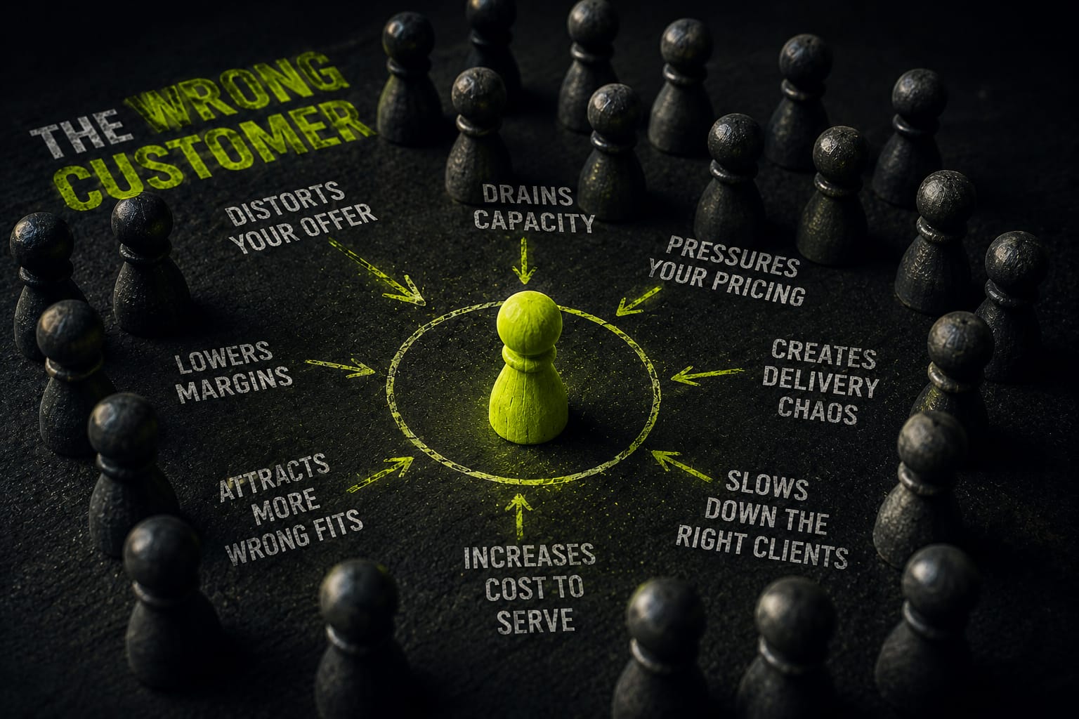 Diagram showing one wrong customer creating pressure on pricing, margins, delivery, capacity, and client fit.