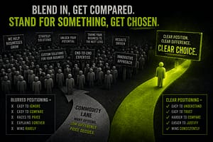 Positioning diagram showing a crowded commodity lane compared with a clear lime green path that makes the business easier to understand and choose.