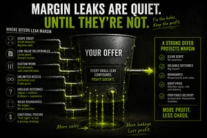 Infographic showing an offer as a leaking tank where scope creep, weak boundaries, unclear outcomes, and emotional pricing drain margin and profit.