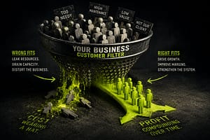 Customer filter diagram showing wrong-fit customers leaking resources while right-fit customers move toward profit and growth.
