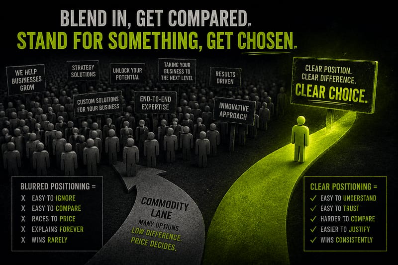 Positioning diagram showing a crowded commodity lane compared with a clear lime green path that makes the business easier to understand and choose.