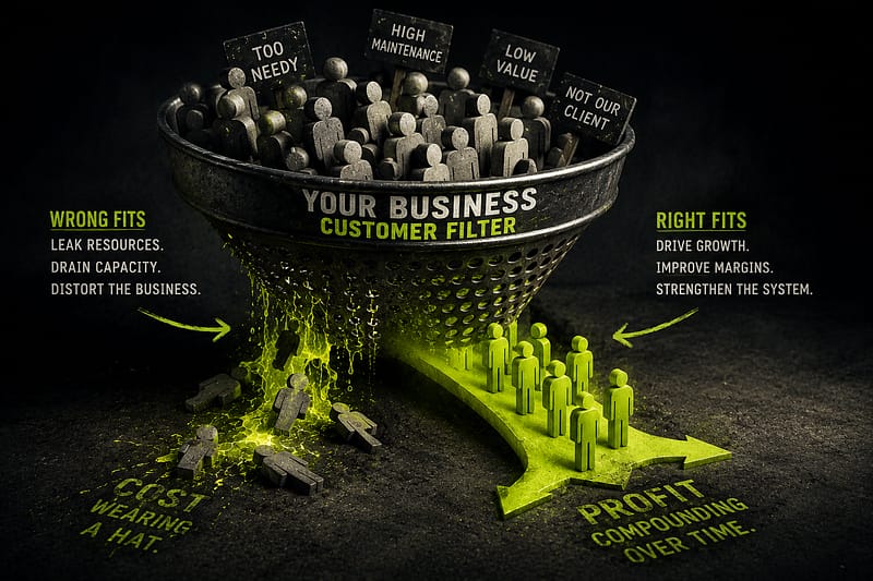 Customer filter diagram showing wrong-fit customers leaking resources while right-fit customers move toward profit and growth.