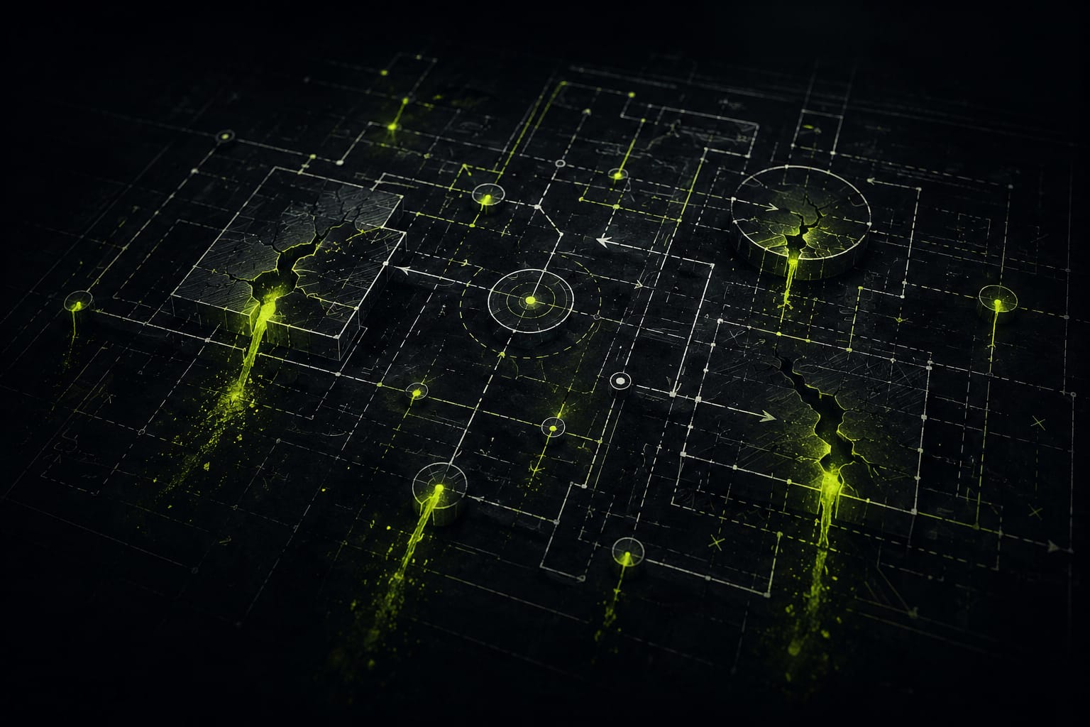 Abstract blueprint grid showing broken business architecture with lime green leak points.