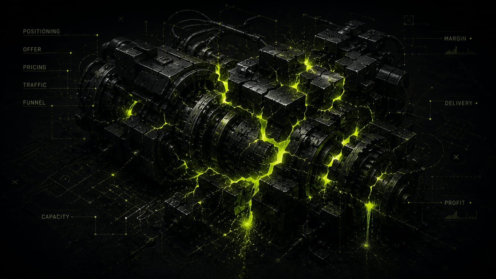 Abstract business engine with glowing structural cracks leaking energy.