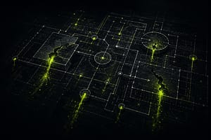 Abstract blueprint grid showing broken business architecture with lime green leak points.